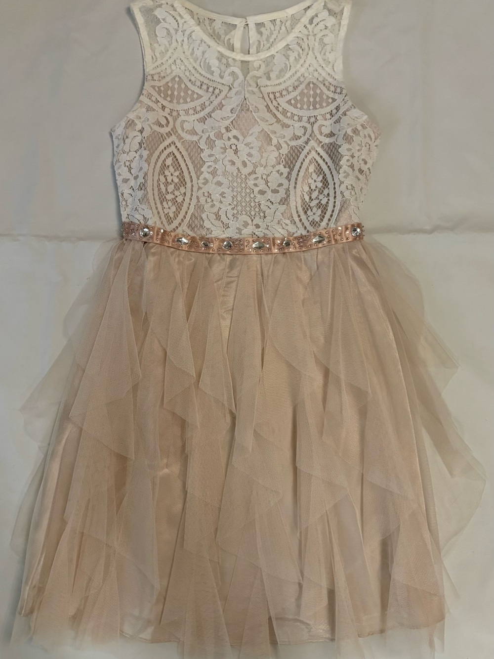 Rare Editions White Lace Bodice Tulle Dress with Jeweled Waist Cream Tan